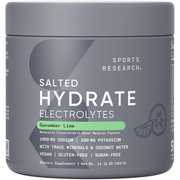 Sports Research® Hydrate Electrolytes Salted Cucumber Lime - Sugar-Free & Naturally Flavored with Vitamins, Minerals, and Coconut Water - Supports Hydration* - 45 Servings