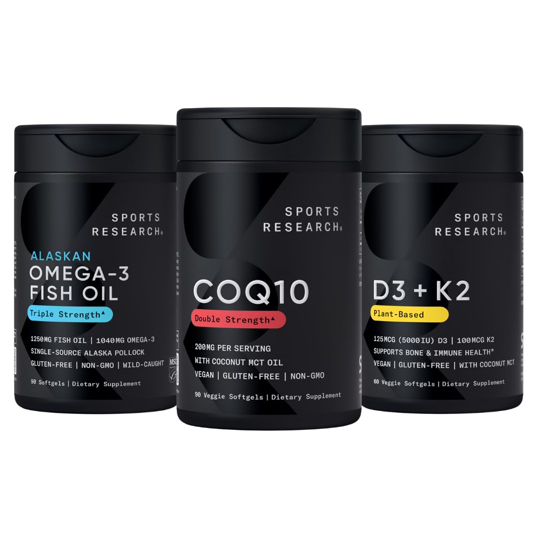 Sports Research® Body Wellness Pack - Wild Alaskan Pollock Omega-3 Fish Oil 1250mg, 200mg CoQ10 Enhanced w/Coconut MCT Oil & Vegan 5000IU Vitamin D + 100mcg Mk7 Vitamin K2