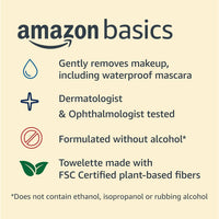 Thumbnail for Amazon Basics Makeup Remover Wipes, Fragrance-Free, Alcohol-Free, Gentle Cleansing, Plant-Based, Dermatologist Tested, Removes Waterproof Mascara, Resealable, 25 Count, 1-Pack
