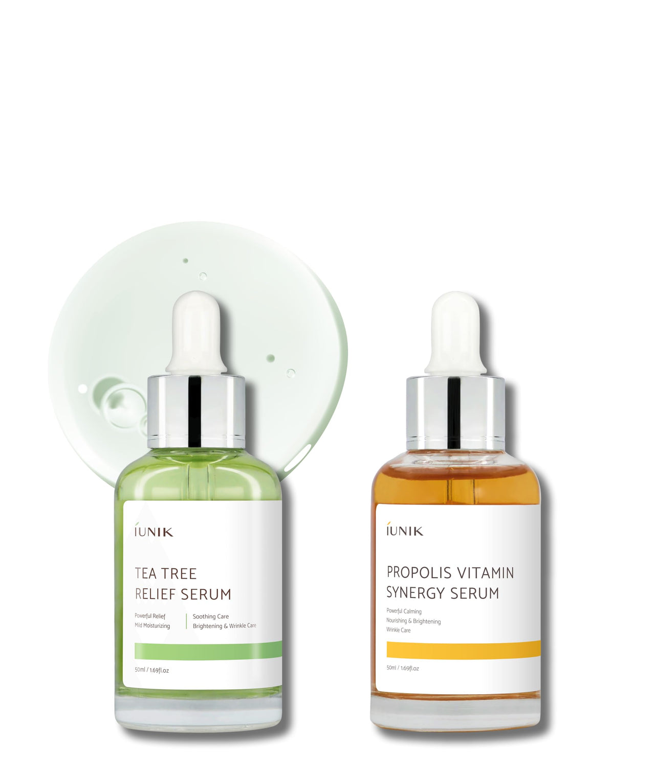 iUNIK Propolis Vitamin Synergy Serum & Tea Tree Relief Serum - Enhances Skin Clarity Reduces Redness Irritation Gentle Soothing Nourishing Moisturizing Face Ampoule Essence Korean Skincare