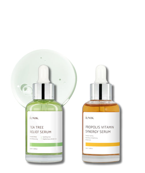 iUNIK Propolis Vitamin Synergy Serum & Tea Tree Relief Serum - Enhances Skin Clarity Reduces Redness Irritation Gentle Soothing Nourishing Moisturizing Face Ampoule Essence Korean Skincare