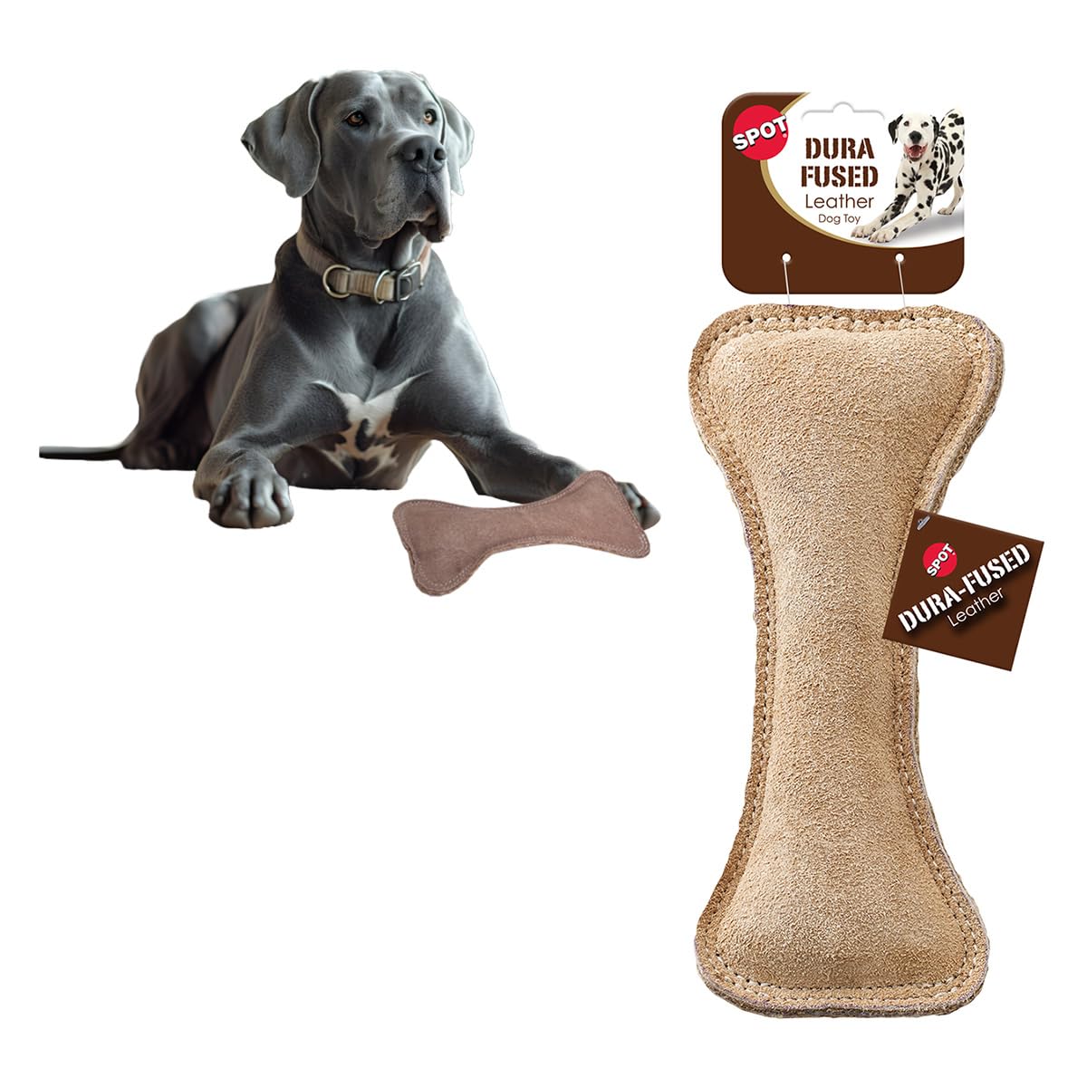 SPOT Dura-Fused Leather Bone- Durable Dog Toy with Squeaker, Real Leather & Jute Fabric, Interactive Toy for Moderate & Aggressive Chewers, Medium & Large Dogs and Puppies, 9 inch