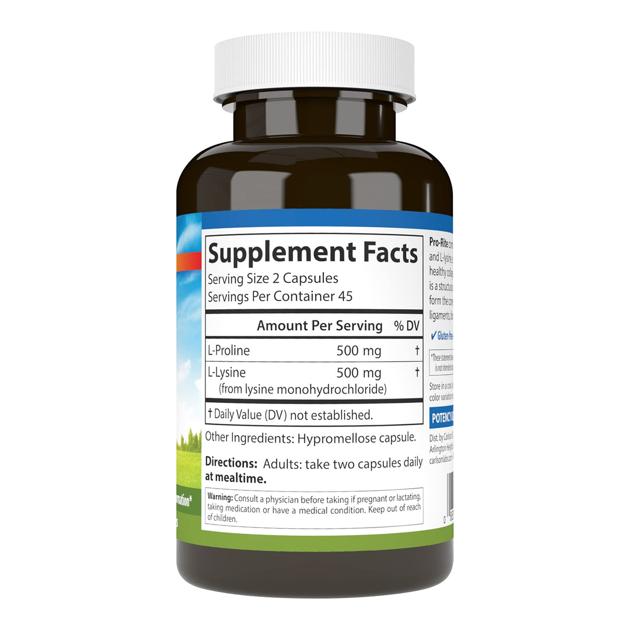 Carlson - Pro-Rite, Free-Form L-Proline & L-Lysine, Health, Joint Support & Collagen Formation, 90 Capsules