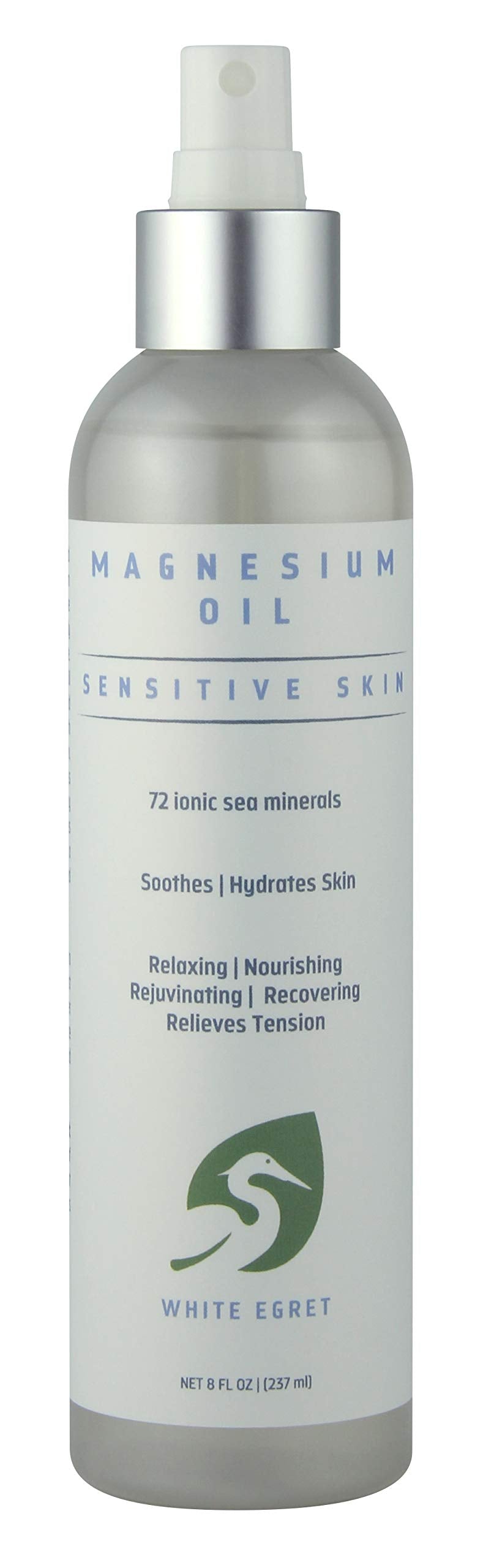 White Egret | Magnesium Oil Spray Sensitive Skin with 72 Ionic sea Minerals | Soothing, Nourishing, rejuvenating and Recovering Properties | 8 Fl Oz