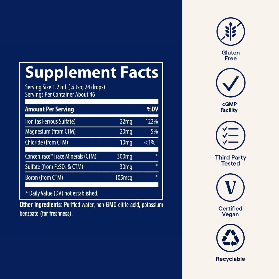 Trace Minerals Ionic Iron 22 mg - Dietary Supplement to Support Immune System Health & Energy - Liquid Ionic Trace Mineral Supplement with Ferrous Sulfate - 1.9 fl oz (About 46 Servings)