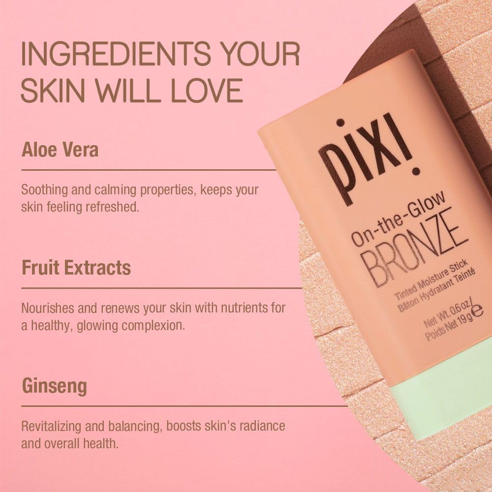 Pixi On-the-Glow Bronze - SoftGlow, Hydrating Tinted Moisture Bronzer Stick with Ginseng, Aloe Vera & Fruit Extracts, For Cheeks & Lips, 19g / 0.6oz, Paraben-Free