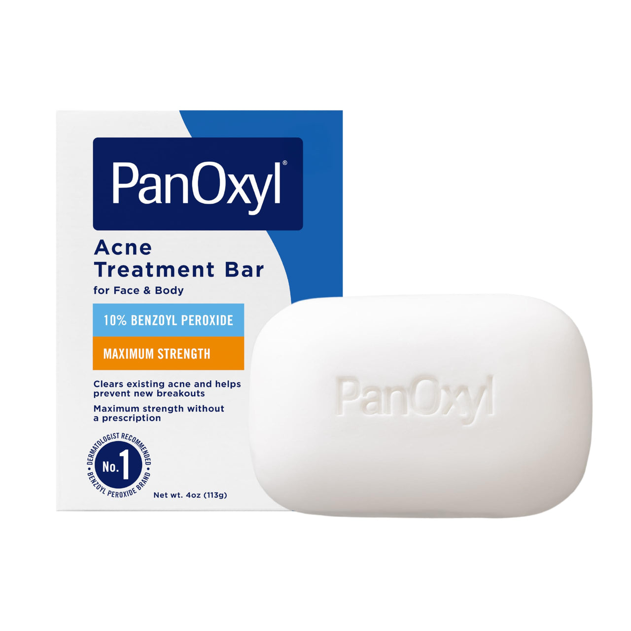 PanOxyl Acne Treatment Bar with 10% Benzoyl Peroxide, Maximum Strength Bar Soap for Face, Chest and Back, Benzoyl Peroxide Soap Body Wash, Vegan, For Acne Prone Skin, 4 oz