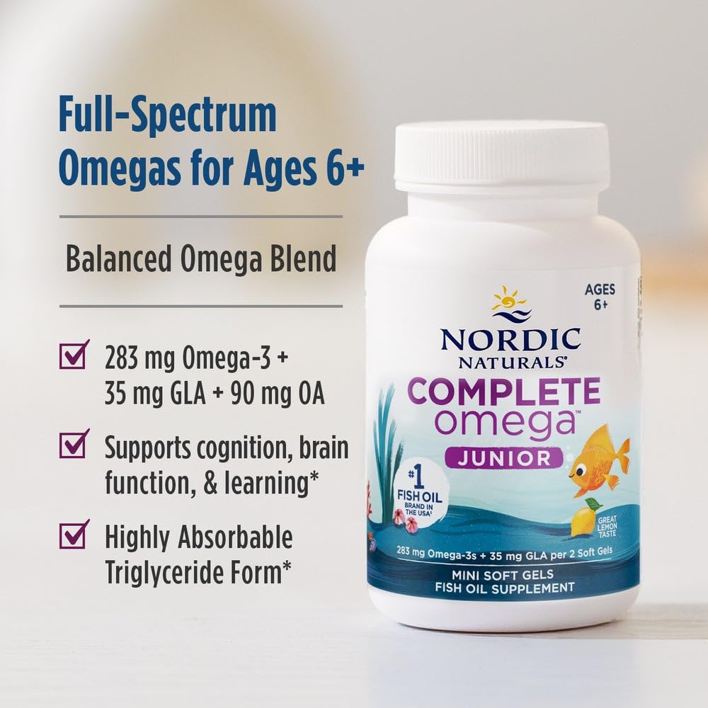 Nordic Naturals Complete Omega Jr., Lemon - 180 Mini Soft Gels - 283 mg Total Omega-3s & 35 mg GLA - Healthy Cognition, Nervous System Function - Non-GMO - 90 Servings