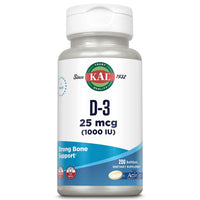 Thumbnail for KAL Vitamin D3 1000 IU Softgels (25 mcg), Active Form of Vitamin D, Calcium Absorption, Bone Health, Immune Support Supplement, Liquid Filled ActivGel, Made Without Soy, 200 Servings, 200 Softgels