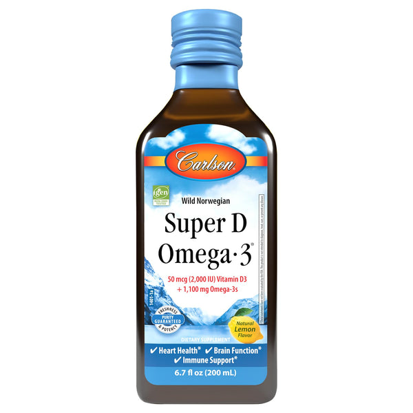 Carlson - Super D Omega-3, Wild Caught Norwegian Arctic Cod Oil, 2000 IU (50 mcg) Vitamin D3, 1100 mg Omega-3s, Sustainably Sourced Nordic Fish Oil Liquid, Lemon, 200 mL (6.7 Fl Oz)