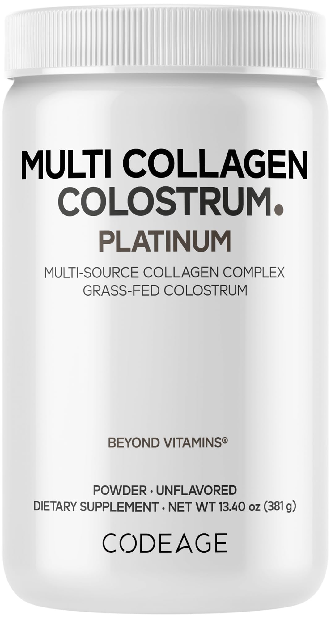 Codeage Multi Collagen Colostrum Powder Platinum - Hydrolyzed Grass-Fed Bovine Collagen Peptides, Grass-Fed Bovine Colostrum Supplement, Vitamin C, Biotin, Hyaluronic Acid, Lactoferrin - 13.4 Oz.