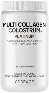 Thumbnail for Codeage Multi Collagen Colostrum Powder Platinum - Hydrolyzed Grass-Fed Bovine Collagen Peptides, Grass-Fed Bovine Colostrum Supplement, Vitamin C, Biotin, Hyaluronic Acid, Lactoferrin - 13.4 Oz.