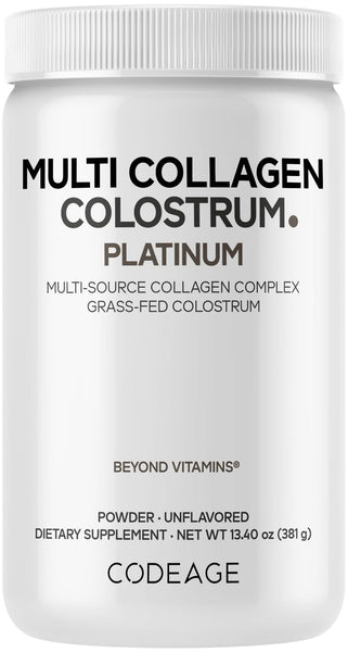 Codeage Multi Collagen Colostrum Powder Platinum - Hydrolyzed Grass-Fed Bovine Collagen Peptides, Grass-Fed Bovine Colostrum Supplement, Vitamin C, Biotin, Hyaluronic Acid, Lactoferrin - 13.4 Oz.