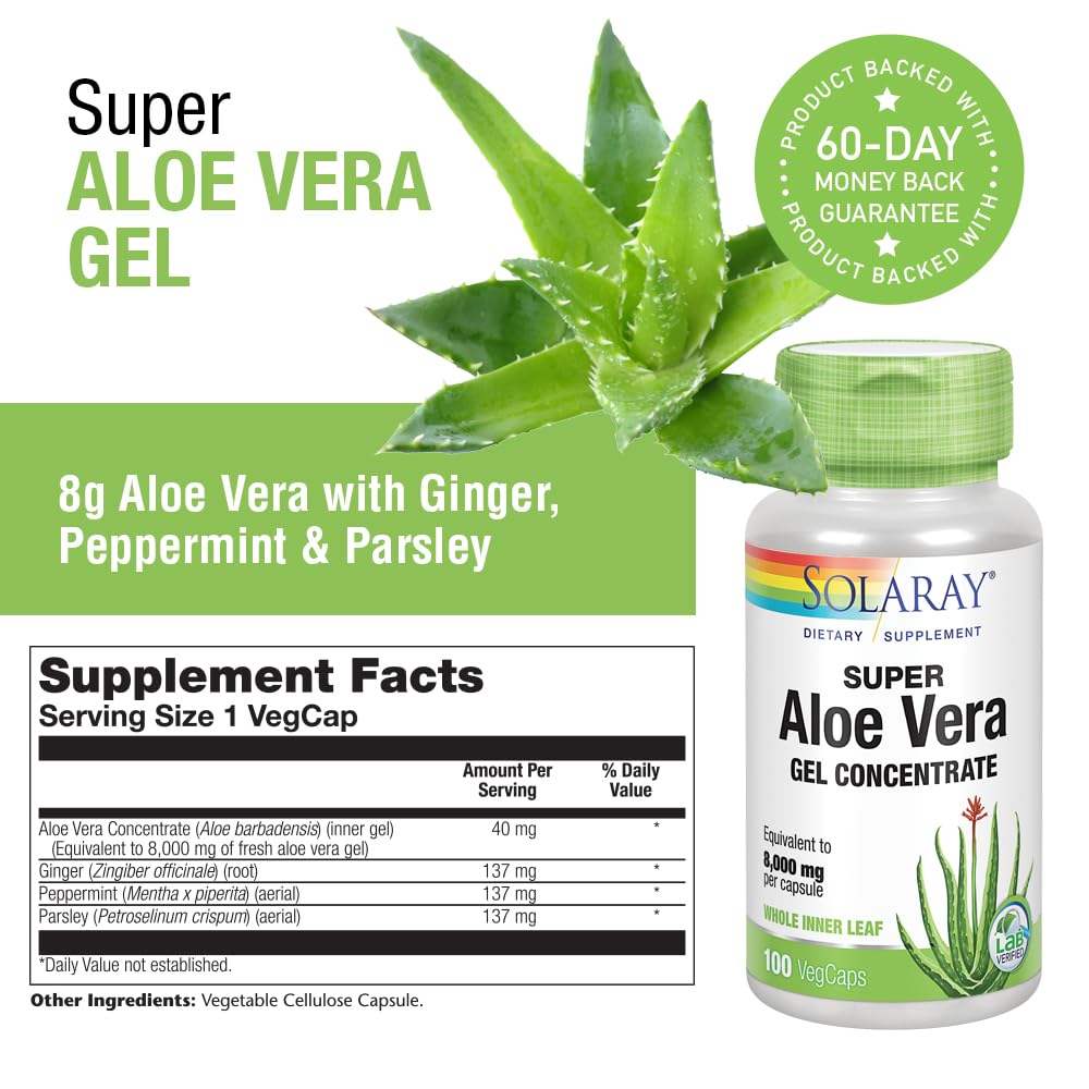 SOLARAY Super Aloe Vera Gel 8000mg | Naturally Occurring Amino Acids, Vitamins, Minerals, Enzymes & Antioxidants for Healthy Digestion Support | 100 CT