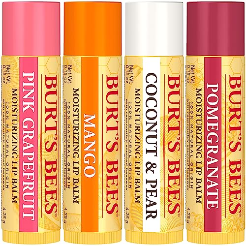 Burt's Bees Lip Balm - Pink Grapefruit, Mango, Coconut & Pear, and Pomegranate Pack, Lip Moisturizer With Beeswax, Tint-Free, Natural Origin Conditioning Treatment, 4 Tubes, 0.15 oz.