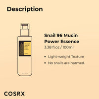 Thumbnail for COSRX Snail Mucin 96% Power Repairing Essence 3.38 fl.oz 100ml, Hydrating Serum for Face with Snail Secretion Filtrate for Dull Skin & Fine Lines, Korean Skin Care