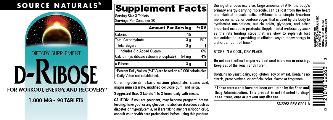 Source Naturals D-Ribose for Workout, Energy, and Recovery* - 90 Tablets