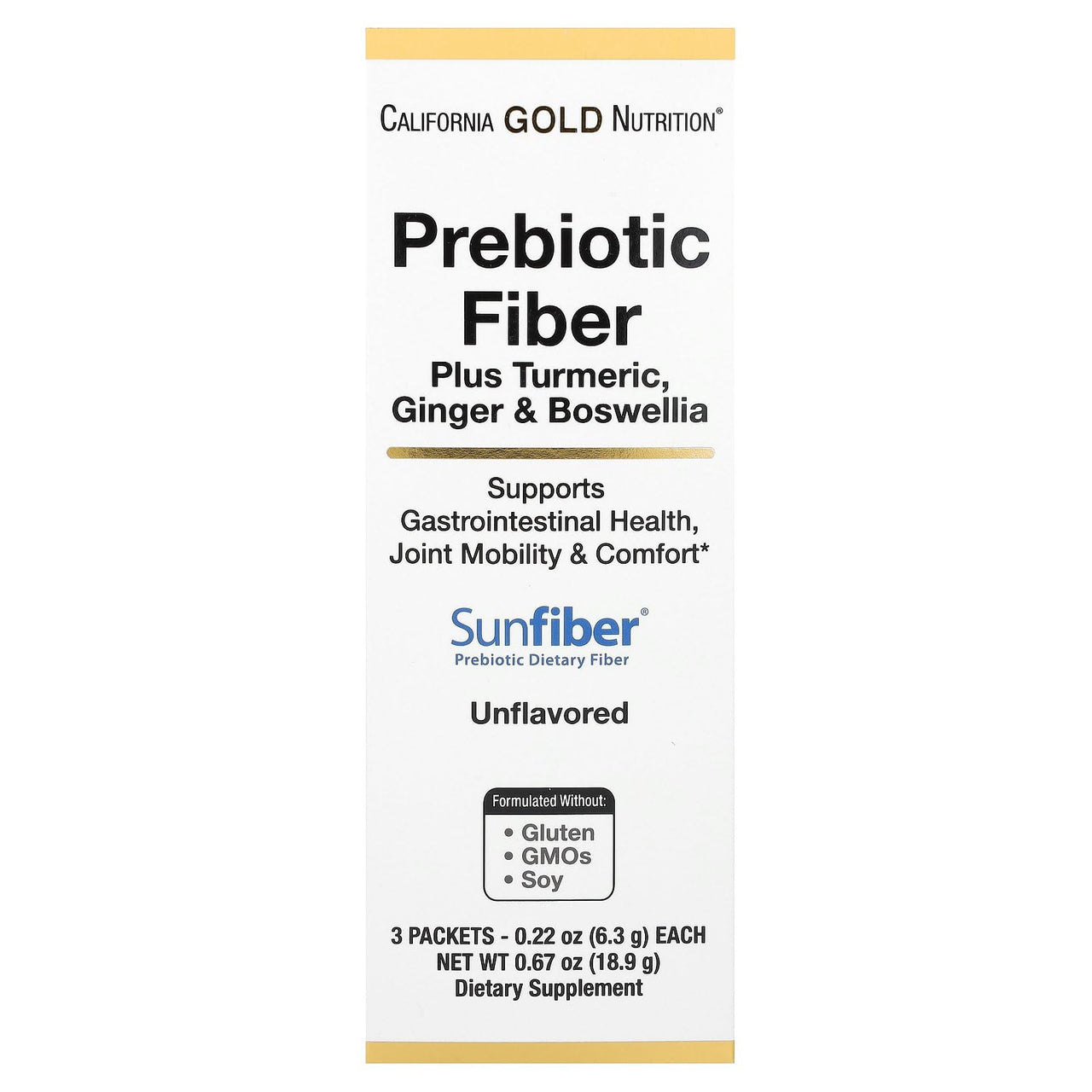 California Gold Nutrition Prebiotic Fiber Plus Turmeric Extract, Organic Ginger Extract and Boswellia Extract, 3 Packets, 0.22 oz (6.3 g) Each
