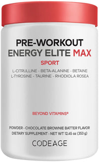 Thumbnail for Codeage Pre-Workout Energy Elite Max - Chocolate Brownie Batter Flavor - L-Citrulline, Betaine, Beta-Alanine, Rhodiola Rosea, L-Tyrosine, Taurine - Workout Energy Powder Supplement - 12.45 oz