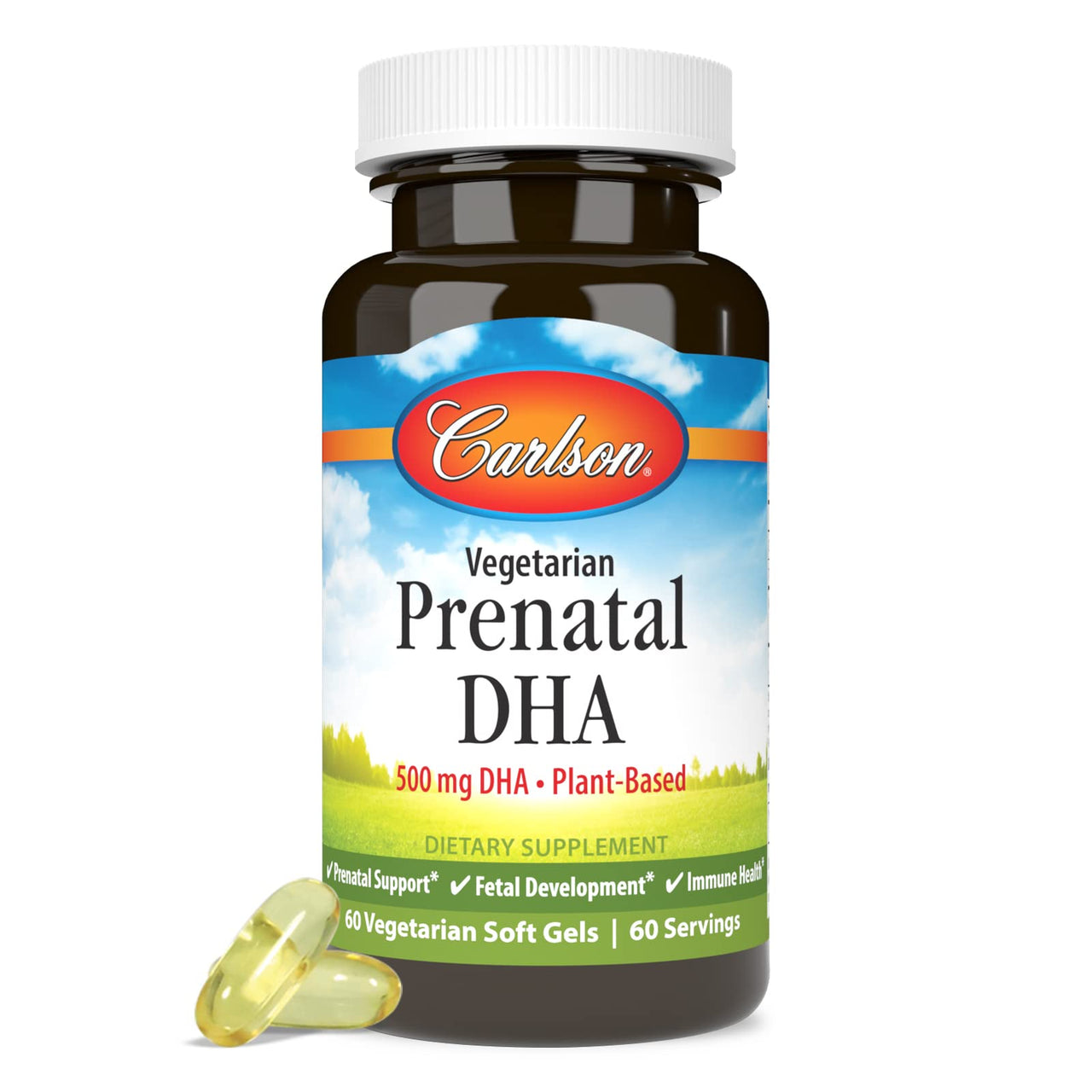 Carlson - Vegetarian Prenatal DHA, 500 mg DHA, Plant Based, Sustainably Sourced from Algae, Prenatal Support, Fetal Development, 60 Softgels
