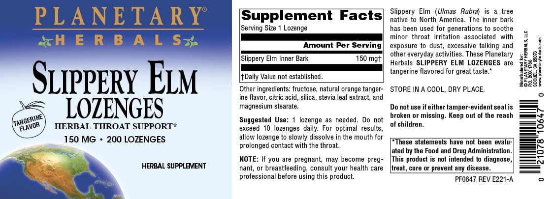 PLANETARY HERBALS Slippery Elm Lozenges, Tangerine, 200 Count