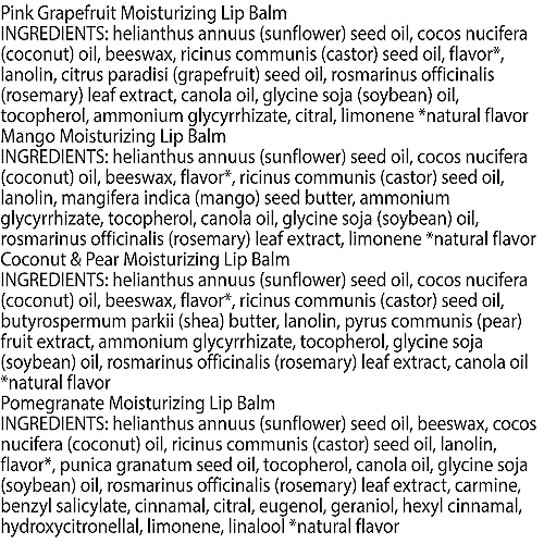 Burt's Bees Lip Balm - Pink Grapefruit, Mango, Coconut & Pear, and Pomegranate Pack, Lip Moisturizer With Beeswax, Tint-Free, Natural Origin Conditioning Treatment, 4 Tubes, 0.15 oz.