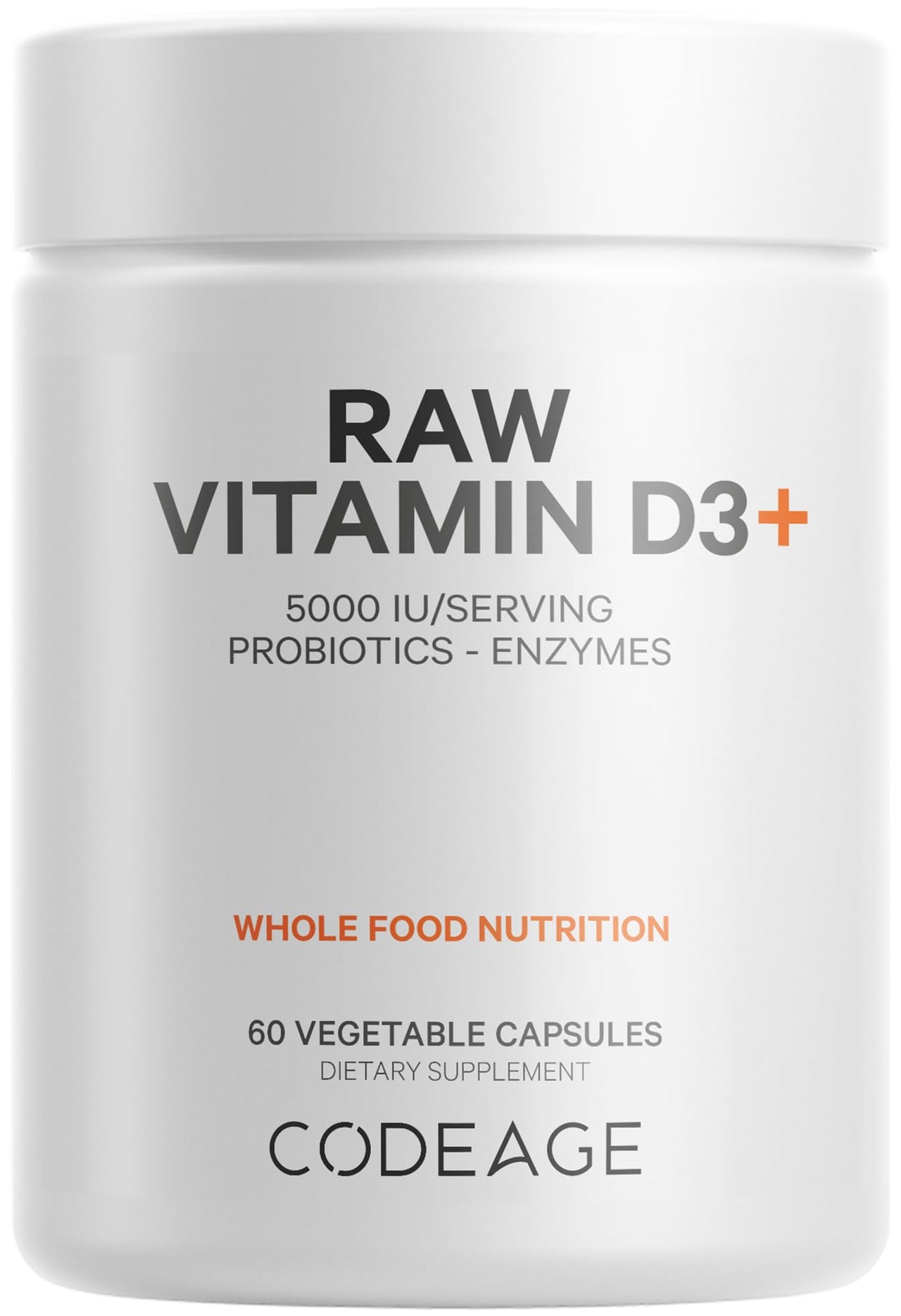 Codeage Raw Vitamin D3+ High Potency 5000 IU Supplement from Saccharomyces Cerevisiae - Raw Vitamin, Probiotics, Digestive Enzymes, Fruits & Greens - 2-Month Supply - 60 Capsules