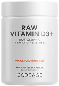 Thumbnail for Codeage Raw Vitamin D3+ High Potency 5000 IU Supplement from Saccharomyces Cerevisiae - Raw Vitamin, Probiotics, Digestive Enzymes, Fruits & Greens - 2-Month Supply - 60 Capsules