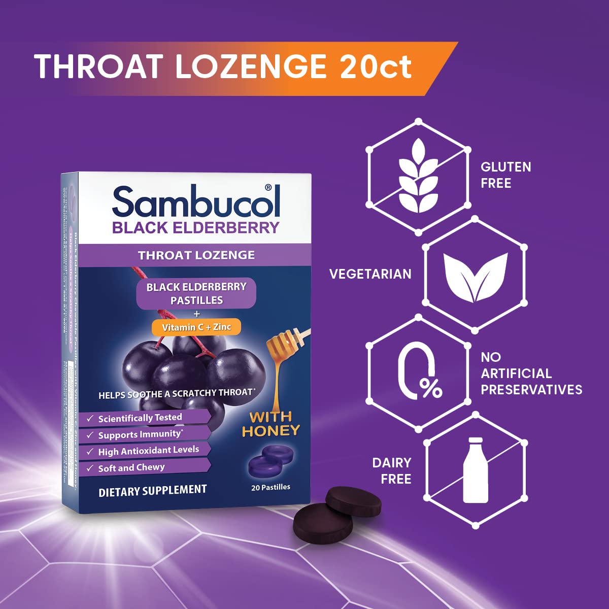 Sambucol Black Elderberry Throat Lozenge - Sore Throat Drops with Black Elderberry, Honey, Vitamin C & Zinc, Sore Throat Relief for Adults & Kids, Soothes Cough, Soft & Chewy - 20 Count