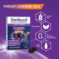Thumbnail for Sambucol Black Elderberry Throat Lozenge - Sore Throat Drops with Black Elderberry, Honey, Vitamin C & Zinc, Sore Throat Relief for Adults & Kids, Soothes Cough, Soft & Chewy - 20 Count
