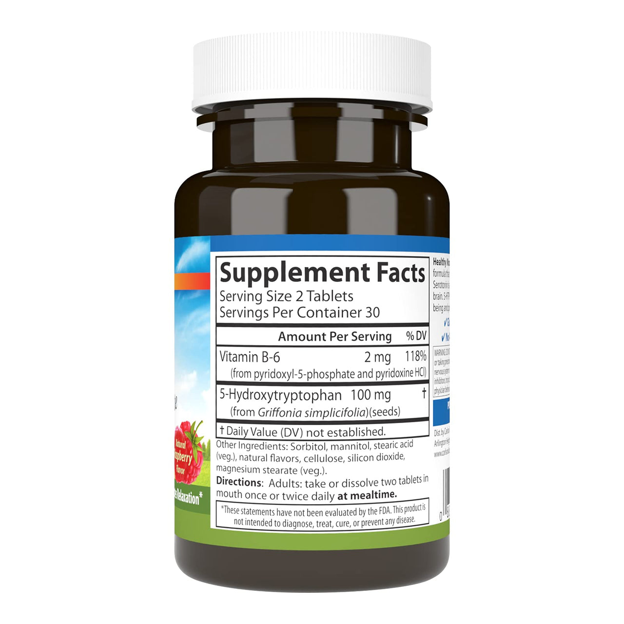 Carlson Healthy Mood 5-HTP Elite 100 mg with Vitamin B6 - Mood Support & Relaxation Supplement - Raspberry Chewable - 60 Tablets