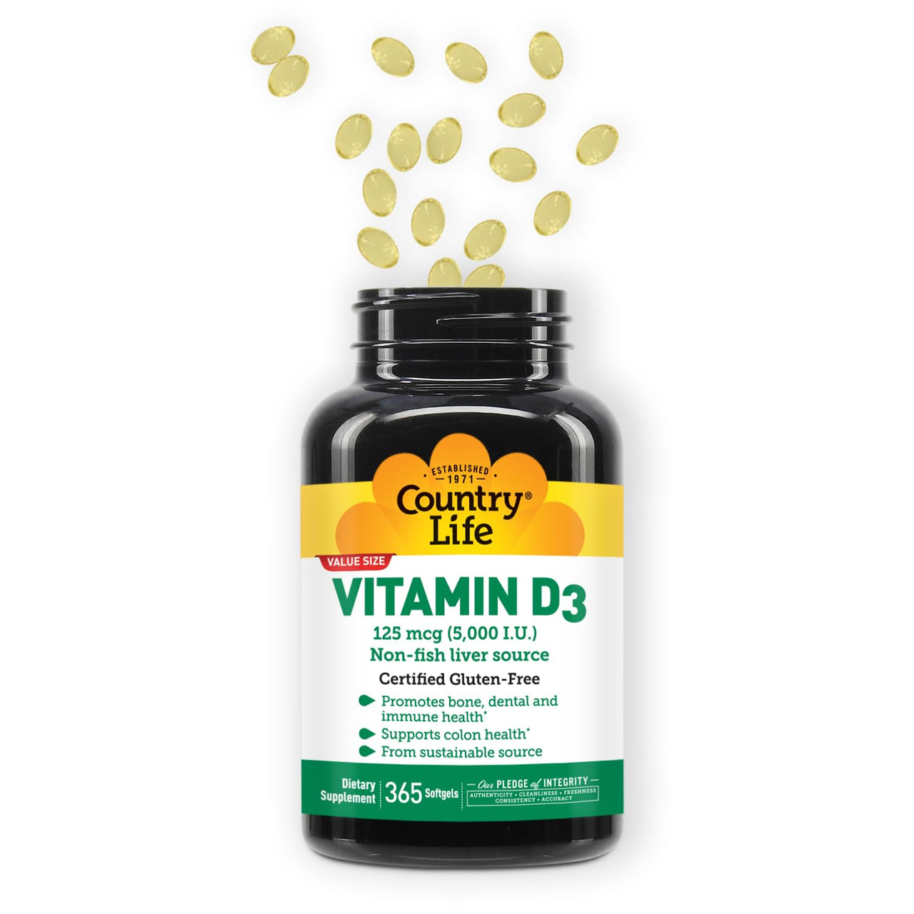 Country Life Vitamin D3 5000 IU – High Potency, Non-Fish Source, Supports Bone Health, Immune Function & Calcium Absorption – 365 Softgels, Certified Gluten-Free, Long-Term Supply