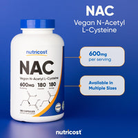 Thumbnail for Nutricost N-Acetyl L-Cysteine (NAC) 600mg, 180 Capsules - Non-GMO, Gluten Free