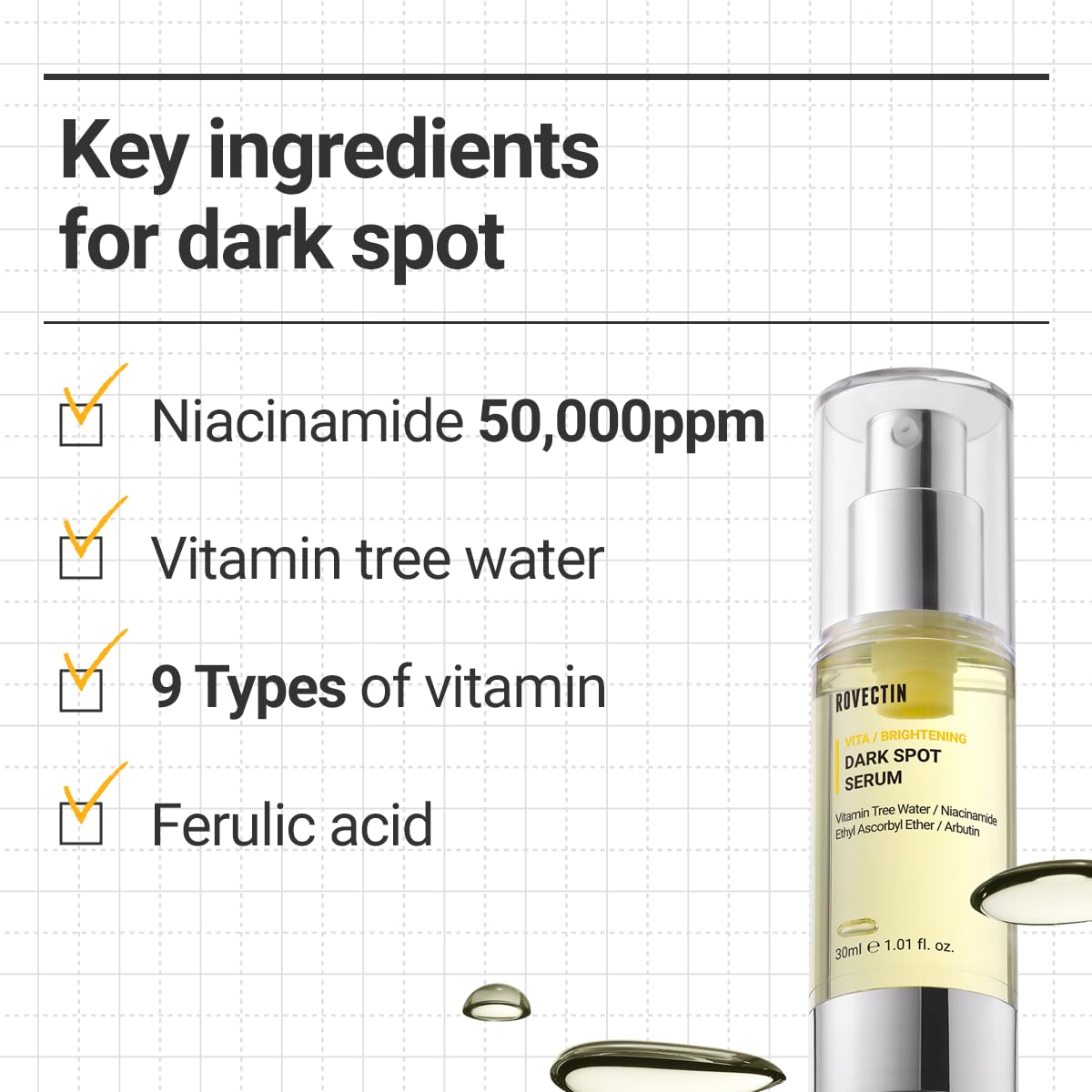 ROVECTIN Vita Dark Spot Correcting Serum – Brightening Vitamin C & Niacinamide Serum for Glowing, Even Skin Tone | Vegan & Gentle Formula for Sensitive Skin | 1.01 Fl Oz (30 ml)