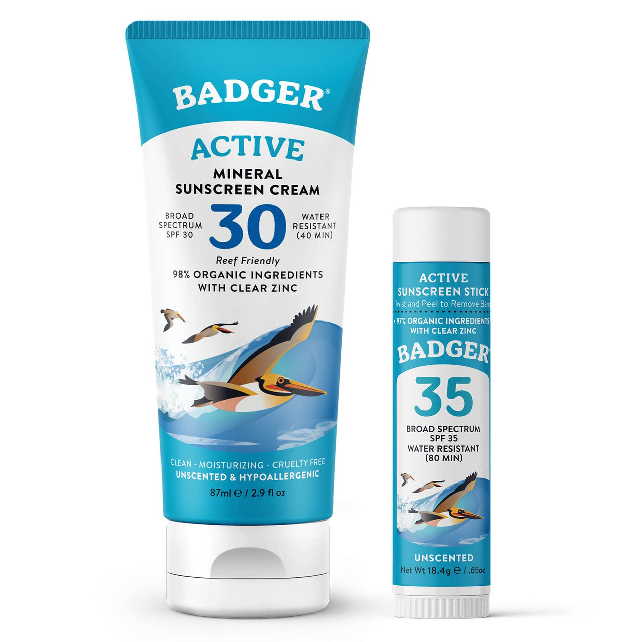Badger Mineral Sunscreen Combo, SPF 30 Cream & SPF 35 Face Stick, Organic Ingredient with Mineral Zinc Oxide, Unscented Reef Safe Sunscreen Set, Broad Spectrum, Water Resistant, 2-Count