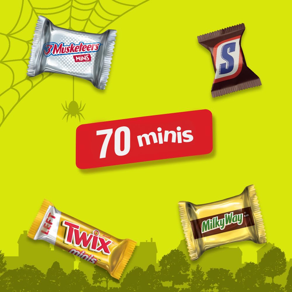 SNICKERS, TWIX, MILKY WAY & 3 MUSKETEERS Halloween Candy Mini Chocolate Variety Pack, Halloween Snack for Party Favors, Trick or Treat and More 70 Ct