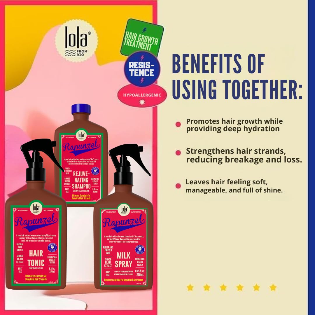 Lola From Rio Rapunzel Hair Care Set: Growth Tonic, Rejuvenating Shampoo, and Milk Spray for Strong, Healthy, Voluminous Hair - 8.45 Fl Oz Each