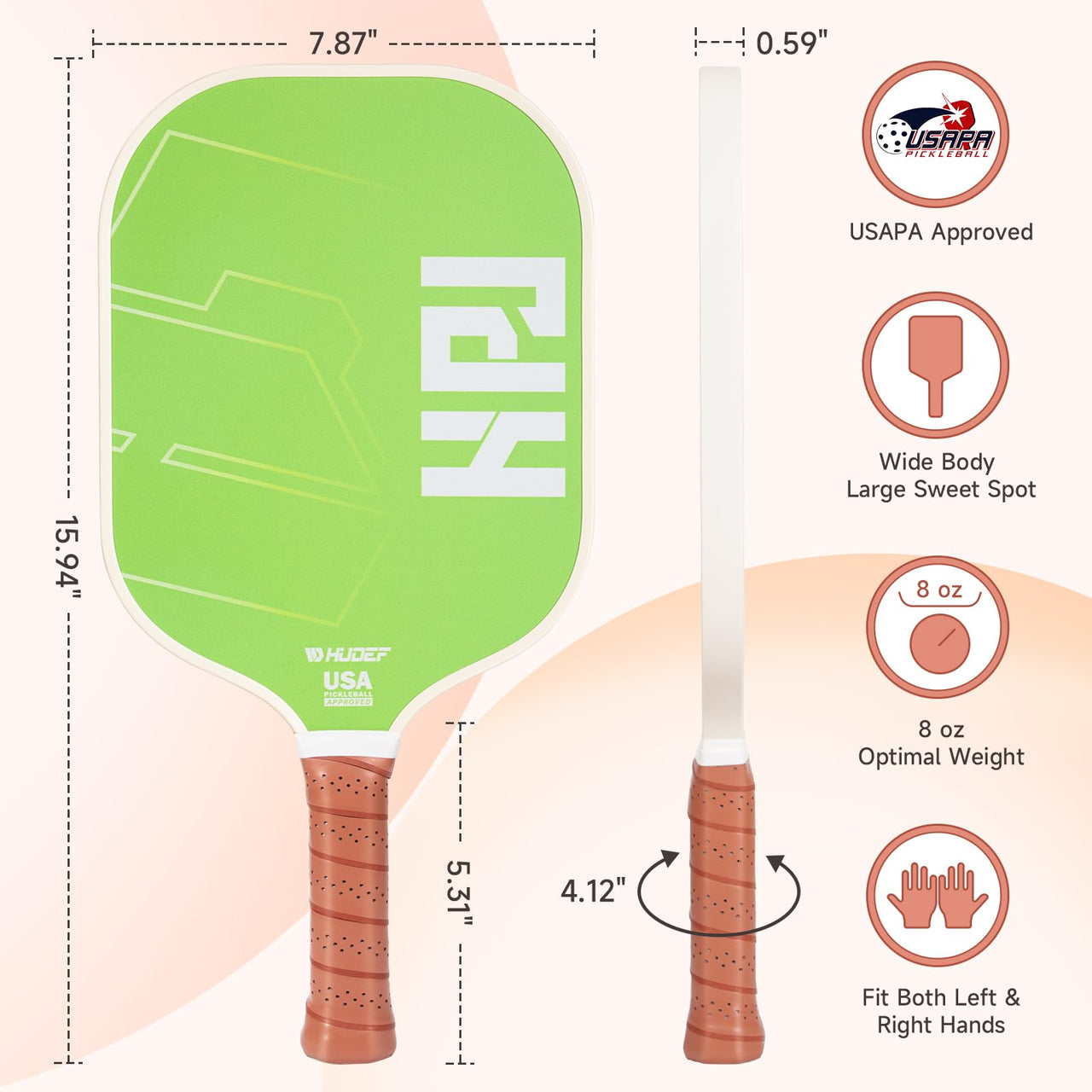 HUDEF Pickleball Paddles, USAPA Approved Pickle Ball Paddles Set of 2, Graphite and Fiberglass Pickleball Paddles, Polypropylene Honeycomb Core Paddle Rackets, 4 Outdoor Balls and Carry Bag Green