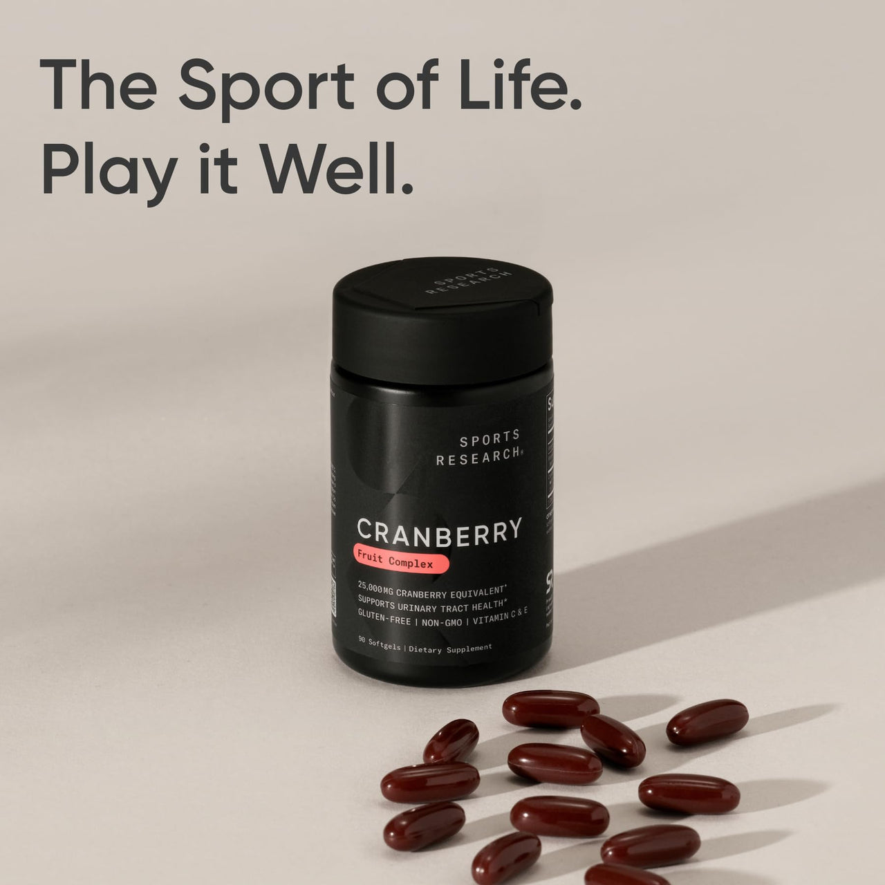 Sports Research® Cranberry Fruit Complex Supplement - Softgels for Urinary Tract Health Support - Made with Pacran®­ & Vitamins C & E - Non-GMO & Gluten Free - 90 Count