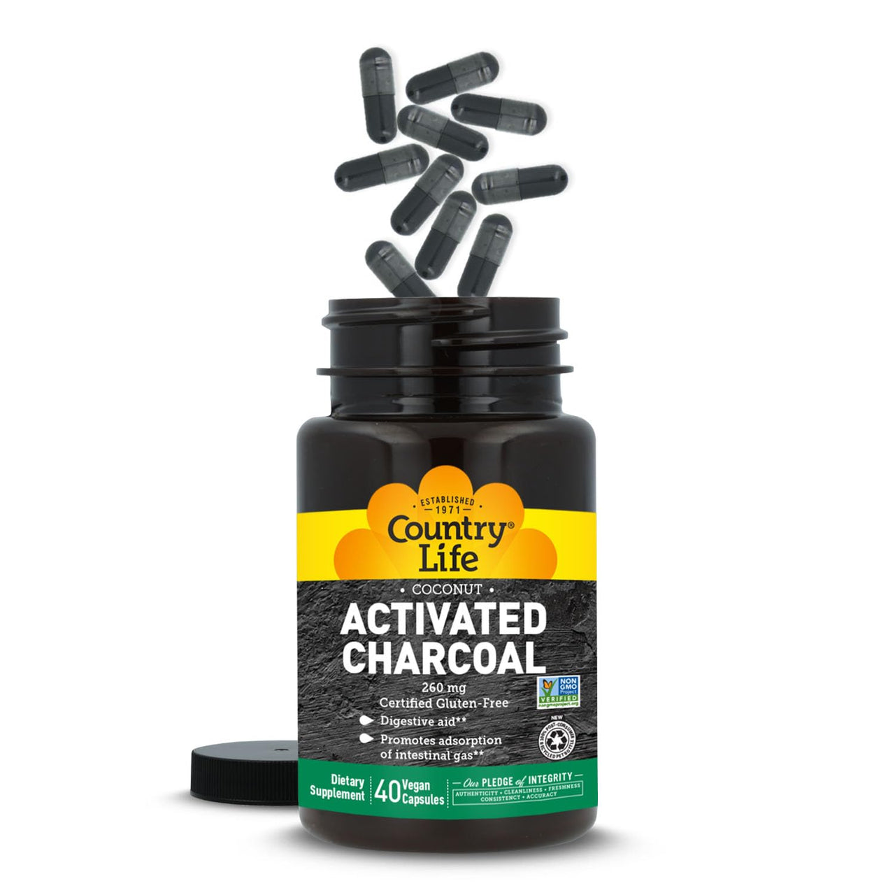 Country Life Coconut Activated Charcoal Capsules, 260mg – Natural Charcoal Supplement for Gas and Bloating Relief - Gluten-Free, 40 Vegan Capsules