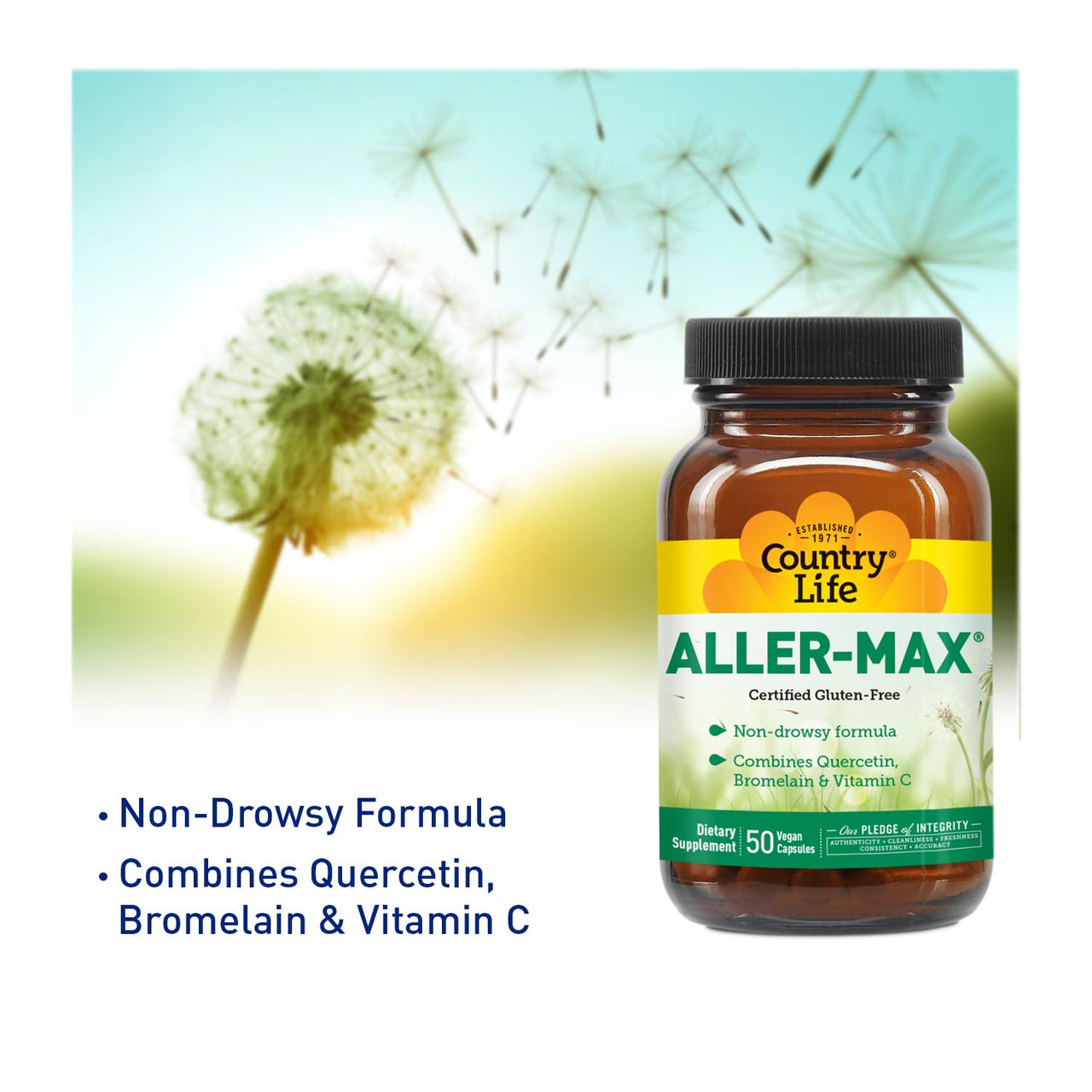 Country Life Aller-Max - Quercetin Supplements with Bromelain - Immune Support with Vitamin C, Zinc, and Botanical Blend - Certified Gluten-Free, Vegan (50 Count (Pack of 1))