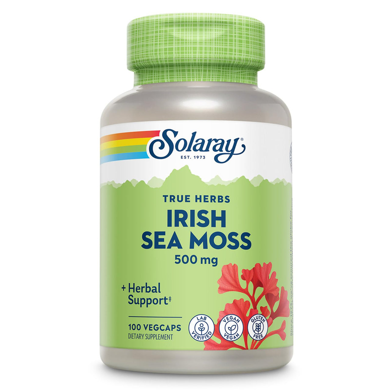SOLARAY Irish Sea Moss 500 mg Naturally Occurring Vitamins, Minerals, and Fiber Herbal Support for Gut Health and More - Vegan, Gluten Free, Lab Verified - 60 Day Guarantee - 100 Servings, 100 VegCaps