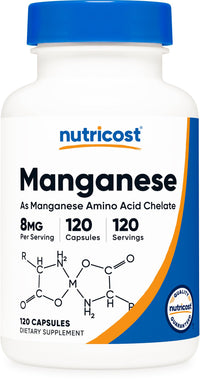 Thumbnail for Nutricost Chelated Manganese Supplement 8mg, Amino Acid Chelate, 120 Capsules, 120 Servings - Gluten Free, Non-GMO and Vegetarian Friendly