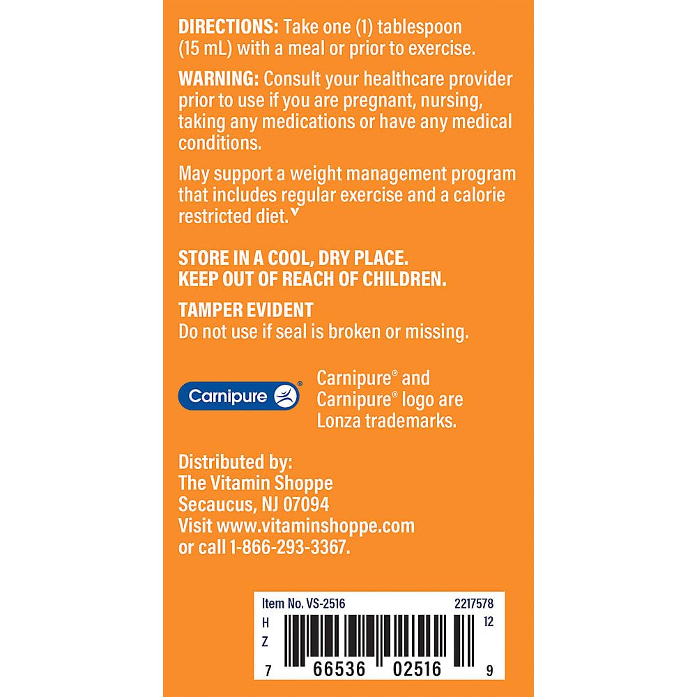 The Vitamin Shoppe L-Carnitine Liquid 3000mg - Fat Metabolism & Energy Boost | Amino Acid Supplement | 16 oz Raspberry | Sugar-Free