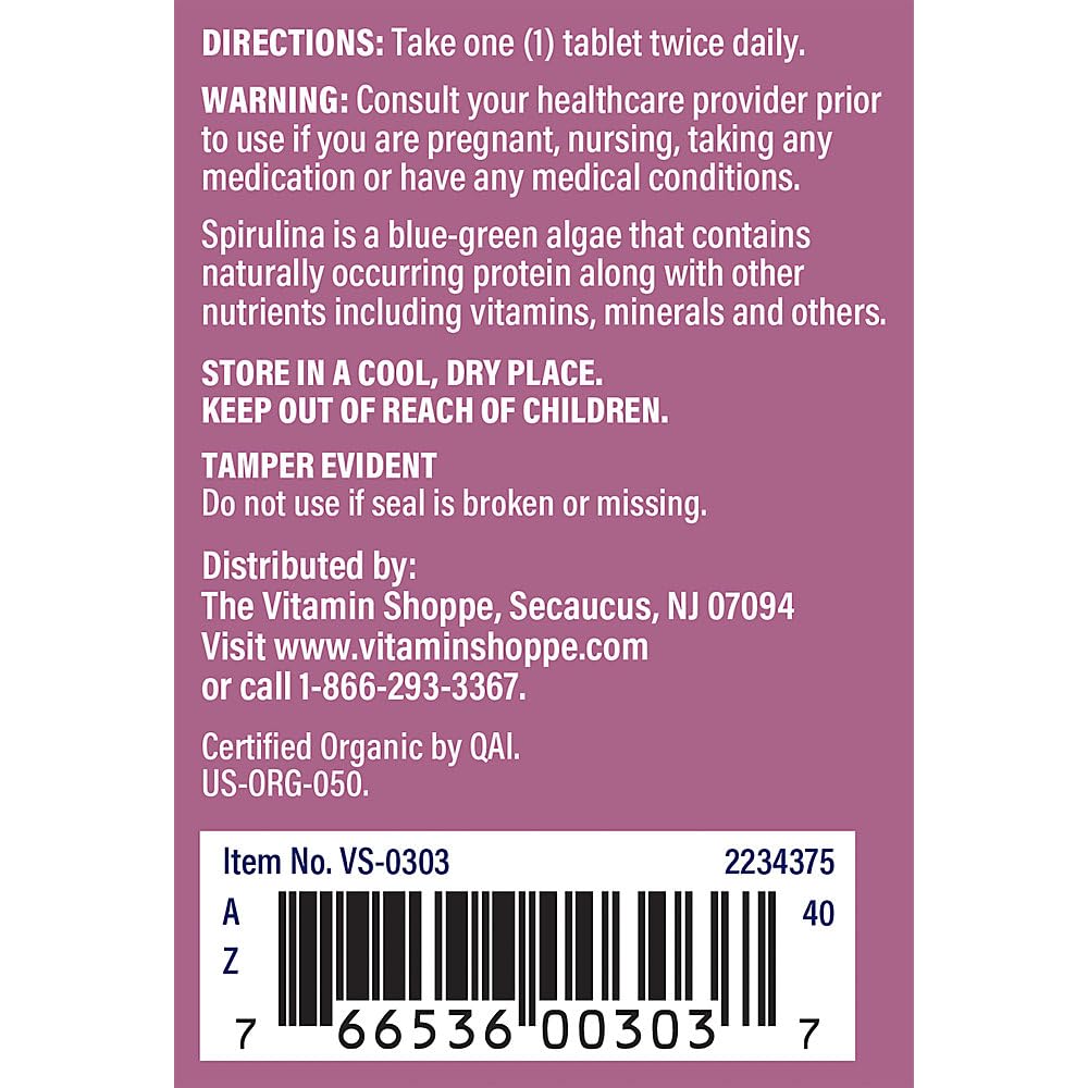 The Vitamin Shoppe Organic Spirulina Blue-Green Microalgae Superfood 500 (200 Tablets)