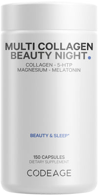 Thumbnail for Codeage Multi Collagen Protein Beauty Night - Melatonin, Magnesium Bisglycinate, 5-HTP, L-Theanine, English Lavender Flower, Bone Broth - Vitamins - Supplement - Sleep Pills - Non-GMO - 150 Capsules