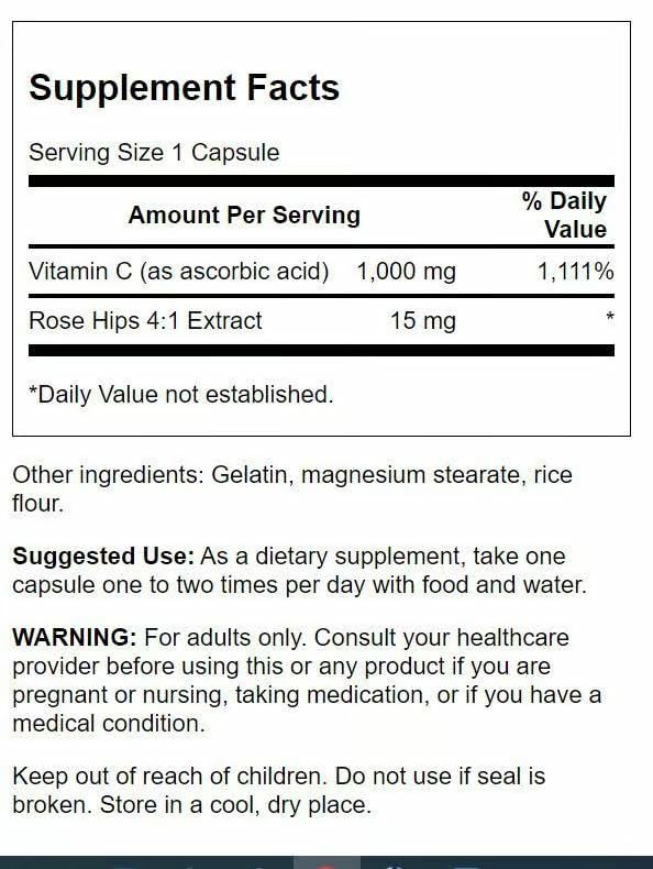 Swanson Vitamin C with Rose HIPS Immune System Support Skin Cardiovascular Health Antioxidant Supplement 1000 mg 250 Capsules (Caps) (3 Pack)