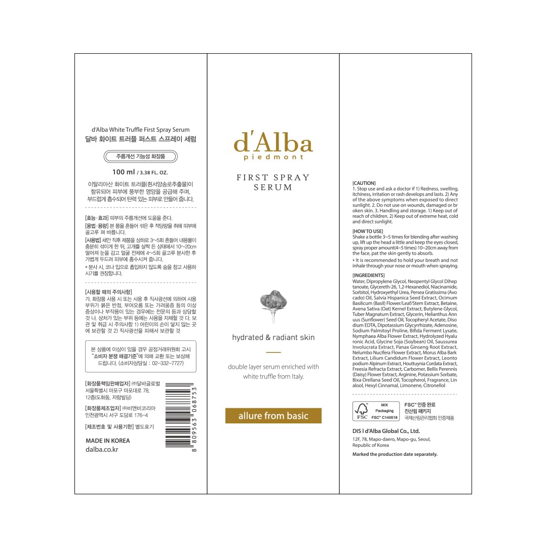 d'alba Piedmont Italian White Truffle First Spray Serum, Vegan Skin Care, Light-weight Face Moisturizer, Glow Serum for Radiant Skin, Non Comedogenic, All In One Mist, Korean Skin Care (3.38 fl oz.)