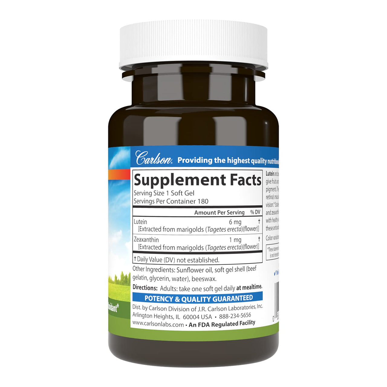 Carlson Lutein 6mg, Vision Support & Eye Health Supplement, Antioxidant Formula with Zeaxanthin, 180 Softgels