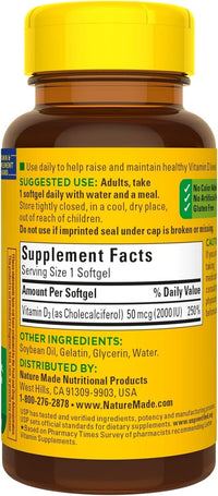 Thumbnail for Nature Made Vitamin D3, 90 Softgels, Vitamin D 2000 IU (50 mcg) Helps Support Immune Health, Strong Bones and Teeth, & Muscle Function, 250% of The Daily Value for Vitamin D in One Daily Softgel